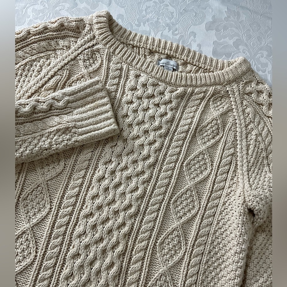 LL BEAN Signature  Fisherman Cable Knit Side Zip Sweater Womens Size Small Cream